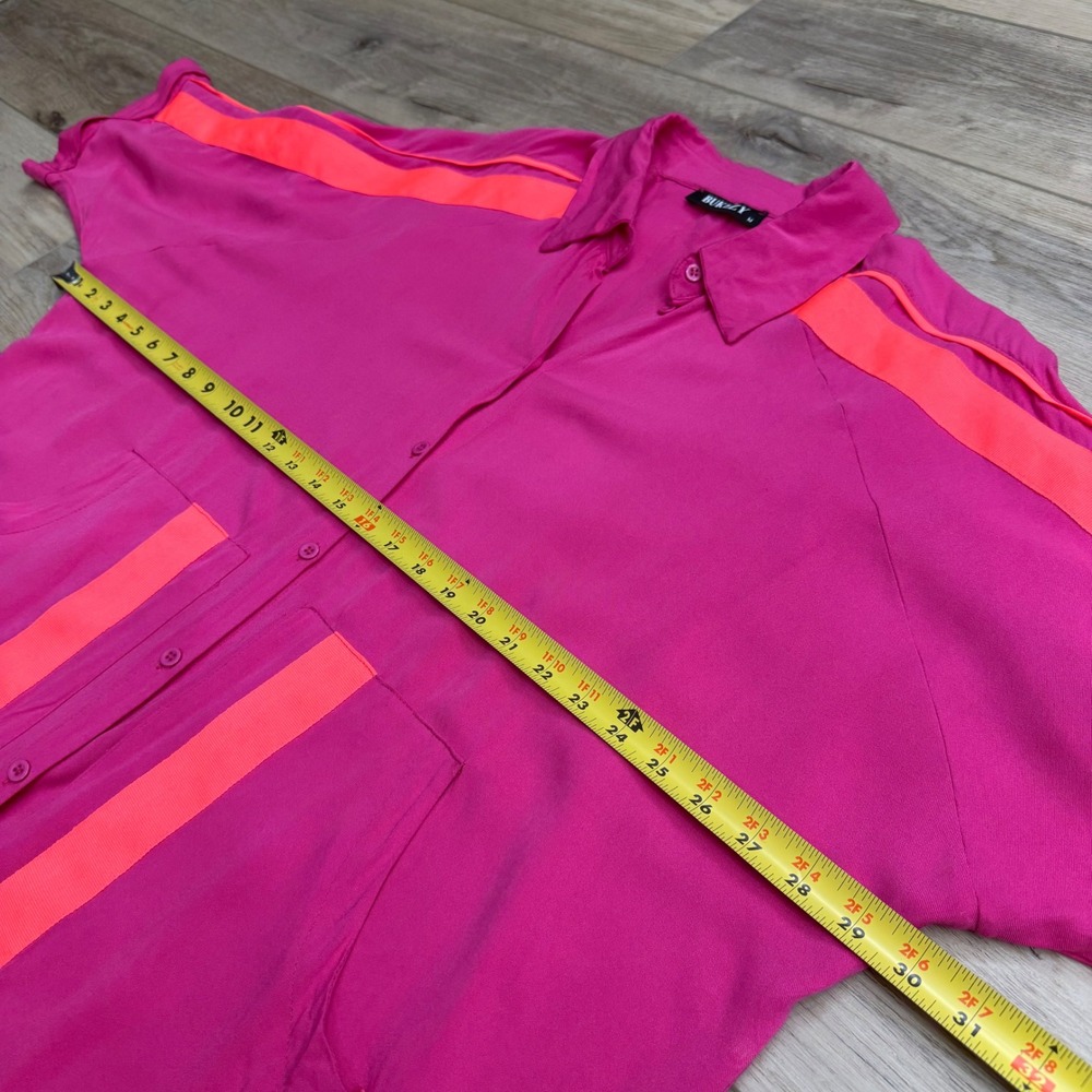 BUKEZY Pink Neon Trim Oversized Shirt Dress Tunic Button Down Streetwear - Picture 7 of 11